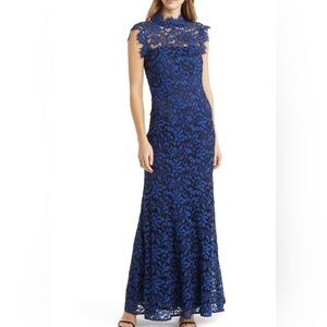 Eliza J High Neck Lace Gown Navy Floral Maxi Formal Dress Open Back Size 10